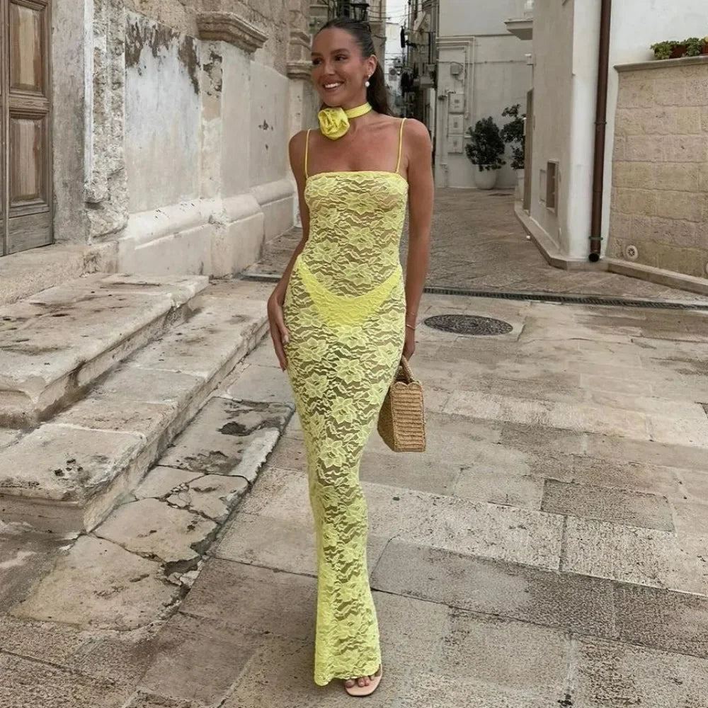 eybag Yellow Lace Maxi Dress Women Fashion Spaghetti Strap Long Evening Party Dresses Sexy See Through Club Night Summer Dress 2024