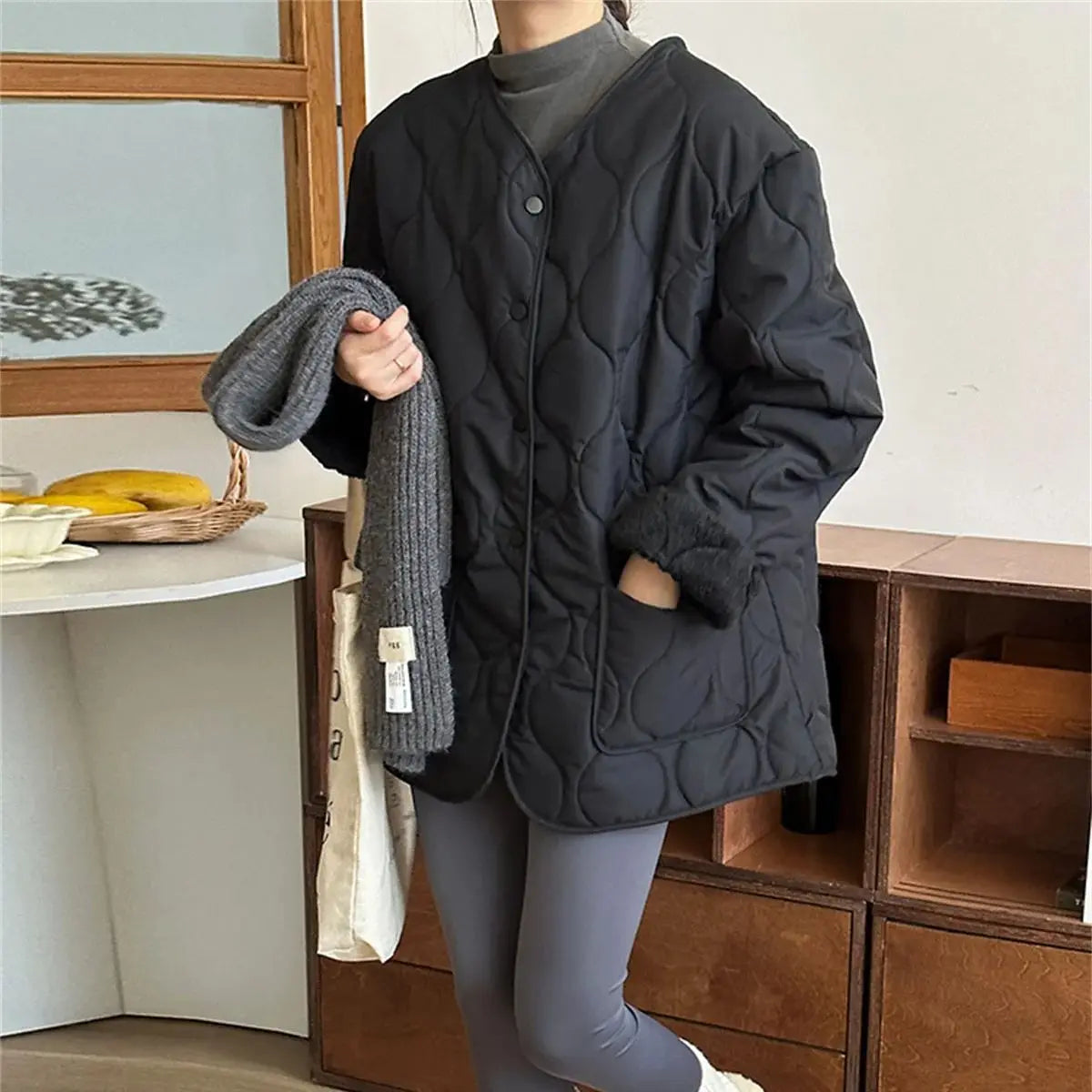 eybag Autumn Winter Women Quilted Jacket Single Breasted Solid V Neck Coat Long Sleeve Loose Fashion Clothes Lady Outfit Warm Clothing