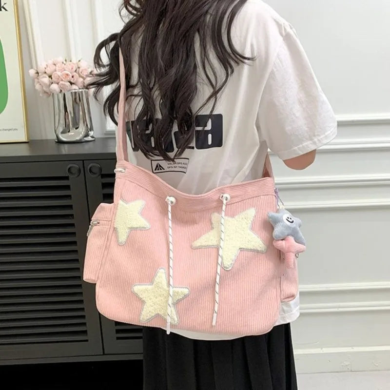 eybag Women Star Pattern Corduroy Crossbody Bag Casual Tote Lady Simple Large Capacity Shoulder Bag Girl Travel School Bookbag Handbag