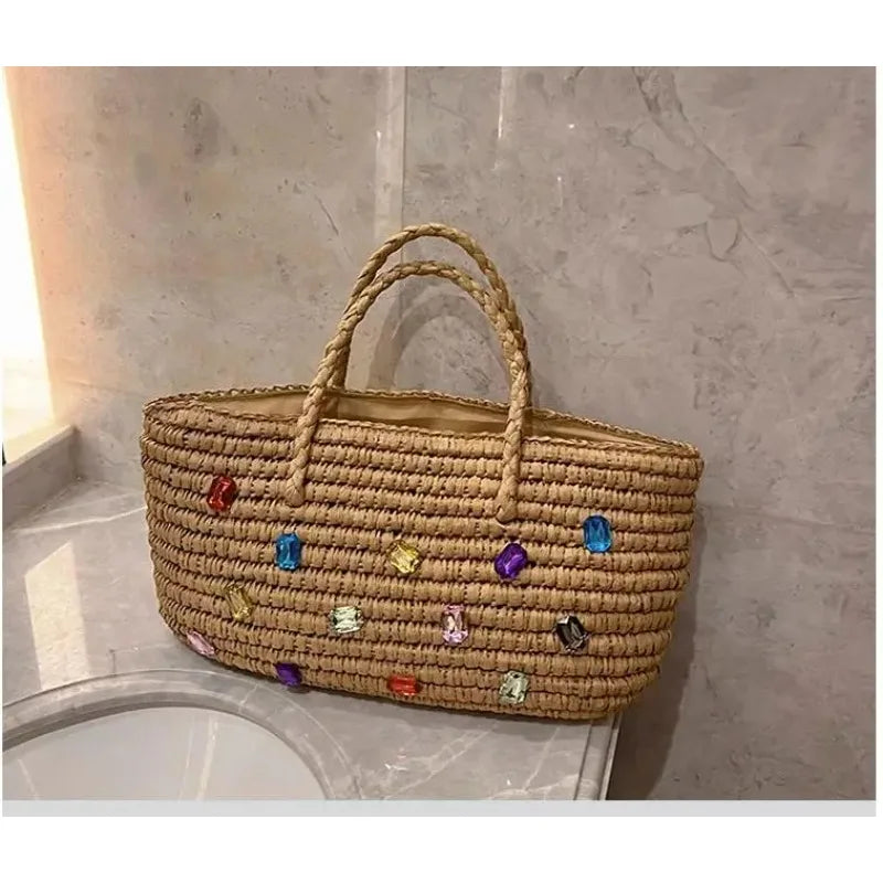 Lkblock Luxury diamond Straw Woven Tote Bags Summer Casual Large Capacity Handbags Fashion Beach Women Shoulder Simple Style Shopping