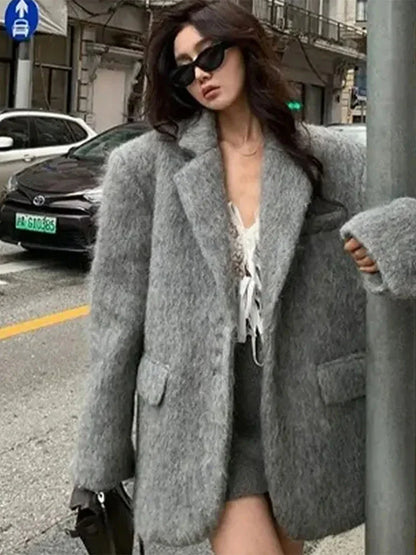 eybag Retro Woolen Button Suit Coats Women Casual Loose Turn-down Collar Gray Coat Lady Autumn Winter Classic Elegant Street Outwear