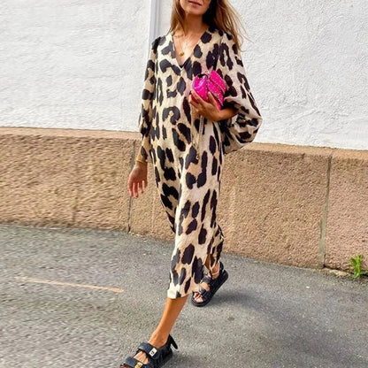 eybag Summer Long Leopard Print Midi Dress Women V Neck Lantern Sleeve Casual Elegant Party Loose Dresses Vintage Streetwear 2024