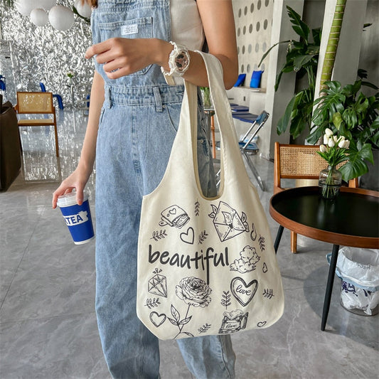 Lkblock Fashion Cute Bookbag Girls Summer Sweet College Kawaii Canvas Shoulder Bag Women Casual Shopping Bag Art Make Up Bag