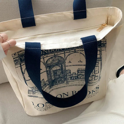 eybag - Women Canvas Shoulder Bag London Books Print Ladies Casual Handbag Tote Bag Reusable Large Capacity Cotton Shopping Beach Bag