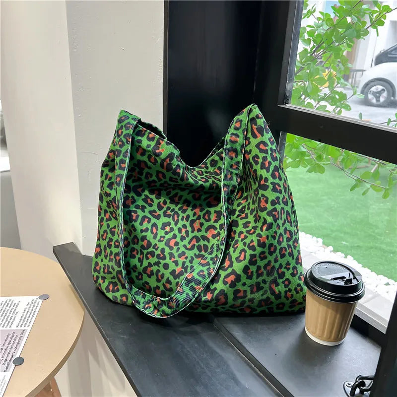 eybag Women's Corduroy Shoulder Crossbody Bag Green Leopard Print Cloth Large Capacity Handbag Casual Travel Shopping Totes