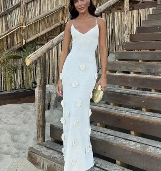 eybag 2024 Elegant 3d Flower Sling Maxi Dress Women Deep V-neck Sleeveless Beach Dresses Summer New White Lady Chic High Street Robes