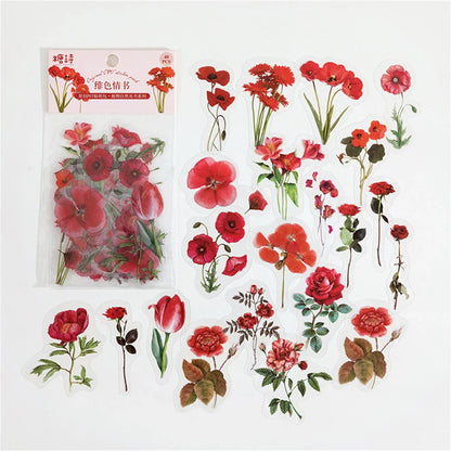 eybag 40Pcs/Lot Elegant Flower Series Stickers PET Transparent Scrapbook Phone Decoration Decals DIY Material Waterproof Sticker Gifts