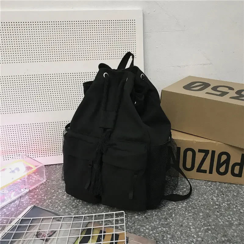 eybag Korean Versatile Retro Drawstring Backpack Canvas Casual Large Capacity Student Schoolbag Women's Shoulder Bag Universal Bag