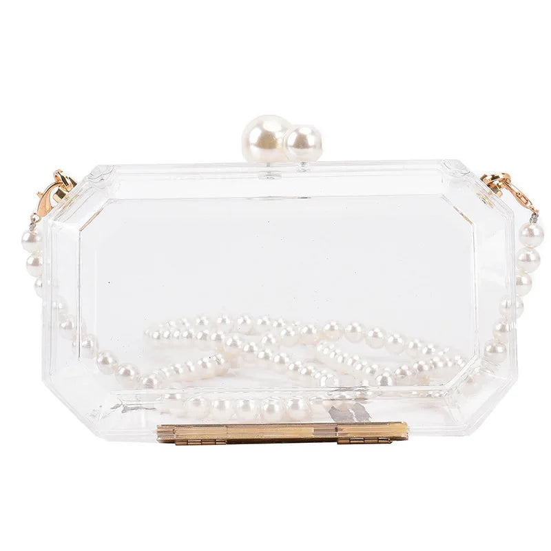 eybag Fashion Clear Acrylic Box Clutch Purse Women Transparent Handbag Plastic Barrel Shaped Bag Girl Party Bag with Pearl Chain