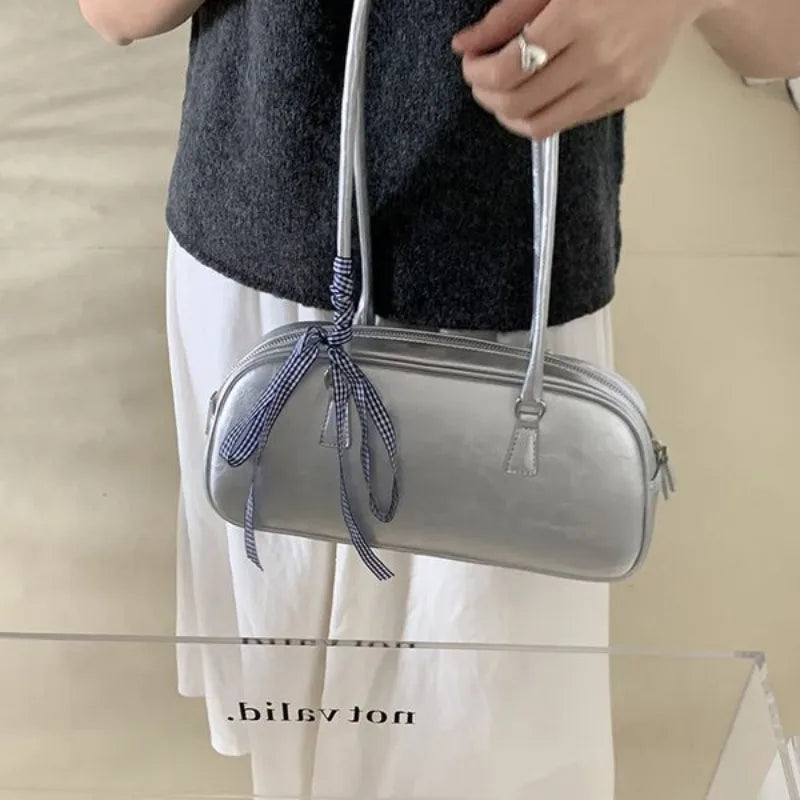 eybag Silver Leather Womens Shoulder Bag Casual Korean Style Fashion Elegant Handbag Aesthetic Female Exquisite New Armpit Bag