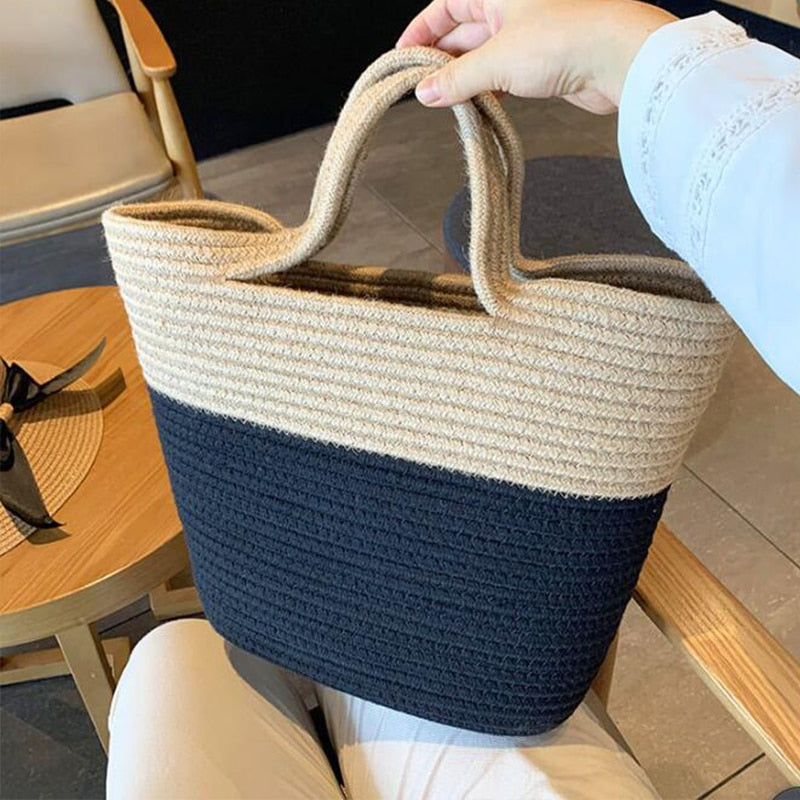 eybag Summer Woven Straw Handbag Women Contrast Color Cotton Rope Beach Bag Travel Large Capacity Tote Shopping Handle Bags