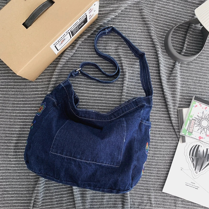 eybag Denim Shoulder Bags Canvas Embroidery Totes Fastoralism Female Packages Large Capacity Leisure Or Travel Bag For Women Book Bag