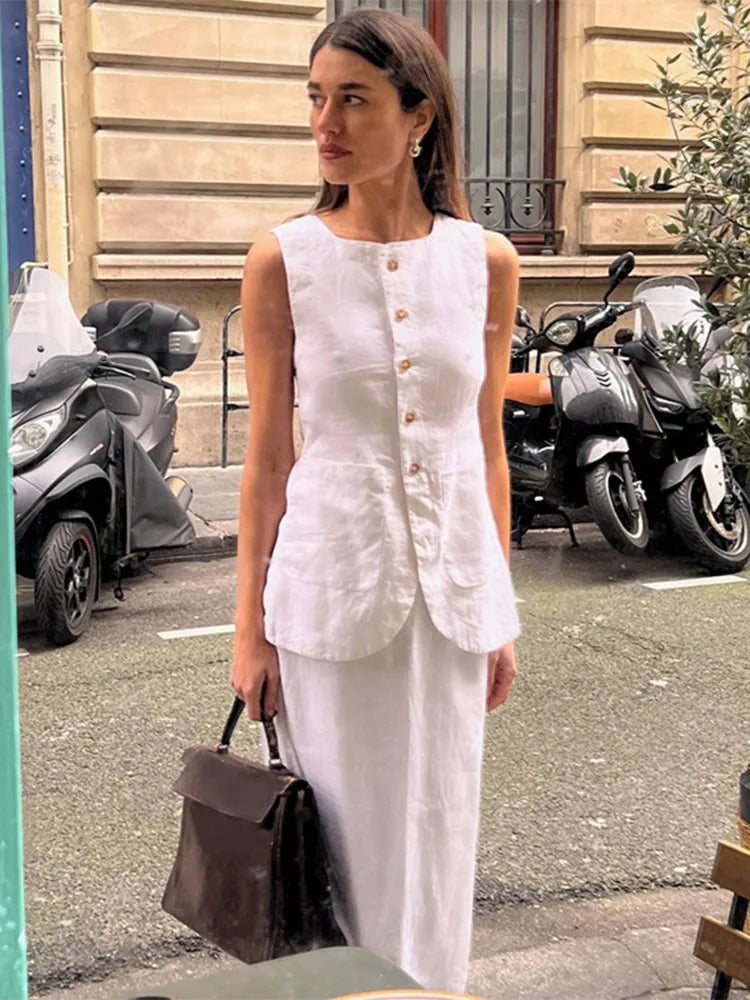 eybag Elegant Women Solid Slim Vest Dress Suit Chic Round Neck Sleeveless Single Breasted Tops High Waisted Long Skirt Set Lady Outfit