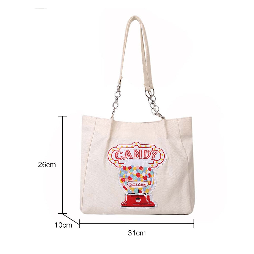 eybag Women Canvas Shoulder Bag for Students Teens Girls Ladies Casual Handbag Pink Embroidery Tote Large Capacity Shopping Beach Bag