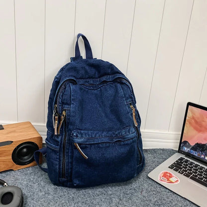 eybag Fashion Multi Pocket Women Backpack Vintage Washed Denim Female School Backpack Men Leisure Trendy Cool Student Travel Book Bag