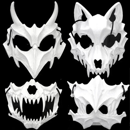 -Halloween Custom Party Skull Mask Long Teeth Demon Skeleton Half Face Mask Wolf Dragon Tiger Houjuu Nue Mask Cosplay Halloween Costume Props