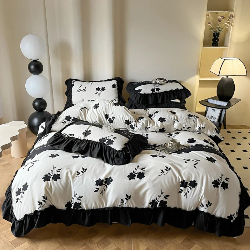 -2/3PC French Vintage Black Ruffles Duvet Cover Set, With Pillowcases, Nordic Luxury Flowers Plant Quilt Cover Set, Bedding Set