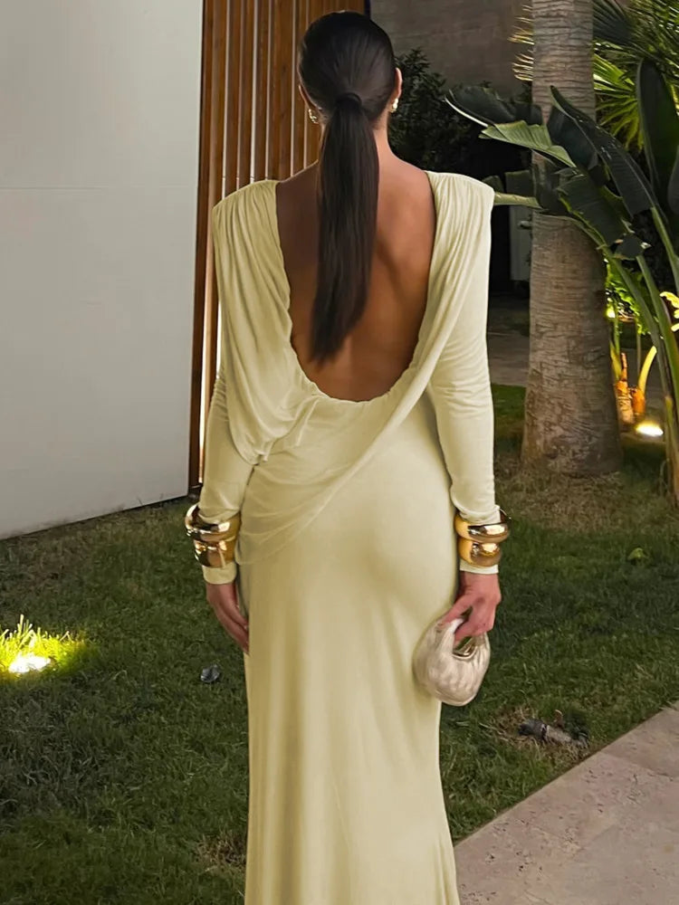 eybag Elegant Backless Sexy Maxi Dress For Women Fashion Solid Light Yellow O Neck High Waist Ruched Club Party Long Dress