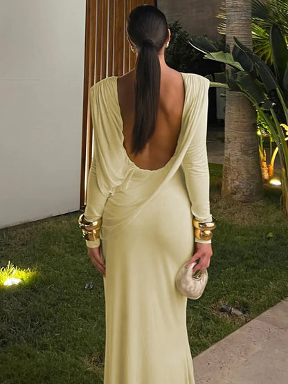 eybag Elegant Backless Sexy Maxi Dress For Women Fashion Solid Light Yellow O Neck High Waist Ruched Club Party Long Dress