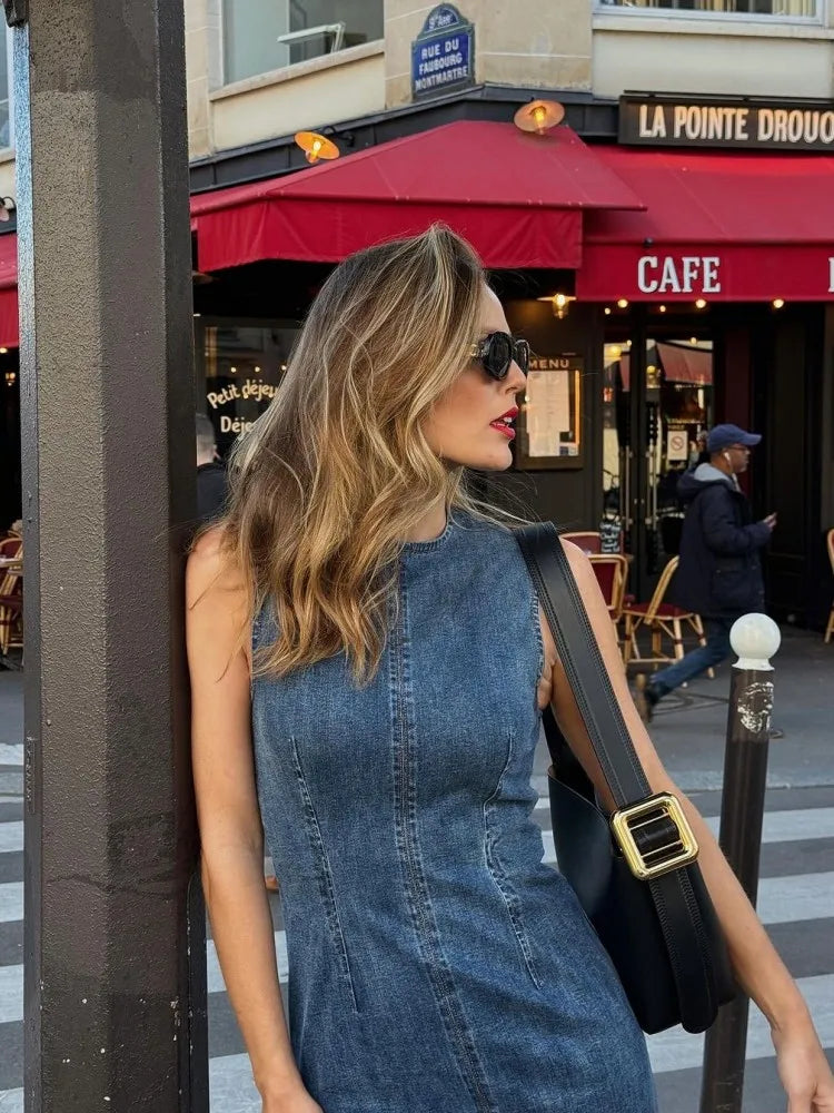 eybag Casual Sleeveless Denim Dresses Women Elegant Slim Fit O-neck Slit Denim Dress Female Autumn Chic Street All-matching Robes