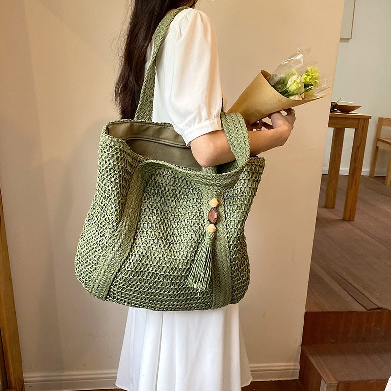 eybag 2023 Straw Braided Bag Hand-woven Simple Handbag Holiday Beach Shoulder Bag Casual Trend Women Large Capacity Tote Shopping Bags