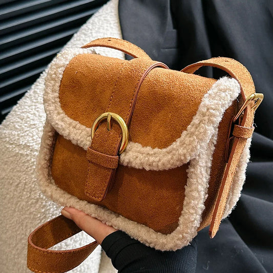 eybag Brand Designer Suede and Faux Fur Patchwork Women's Shoulder Bag Retro Lock Crossbody Bag Small Flap Handbag