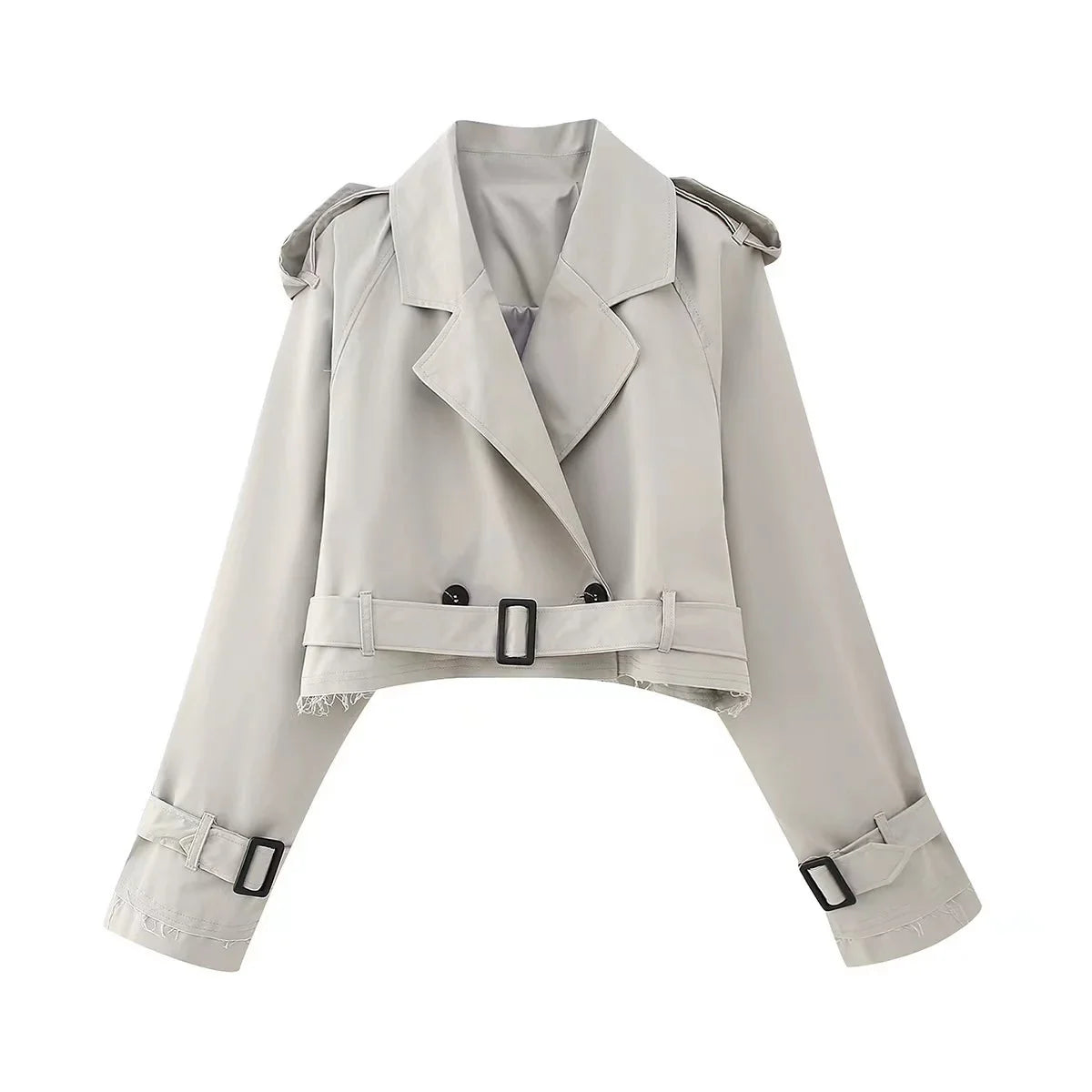 eybag Women Fashion Belt Cropped Coat Long Sleeve Turn Down Collar Short Jacket Vintage Chic Double Breasted Trench Coats Lady Outfit