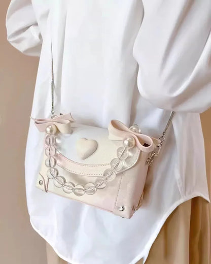 eybag Sweet Pink Messenger Bag Women Fairycore Aesthetic Handle Pearl Chain Crossbody Bags Ladies Harajuku Heart Y2k Hand Bag