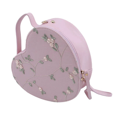 eybag Pink Aesthetic Lace Flower Embroidered Heart-shaped Handbag with zipper closure and chain bag