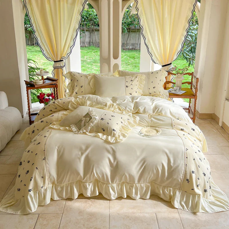 -Korean Princess Style Bedding Set, Lace Patchwork, Embroidery Ruffles, Duvet Cover Set, Bed Sheet, Pillowcases, 4Pcs