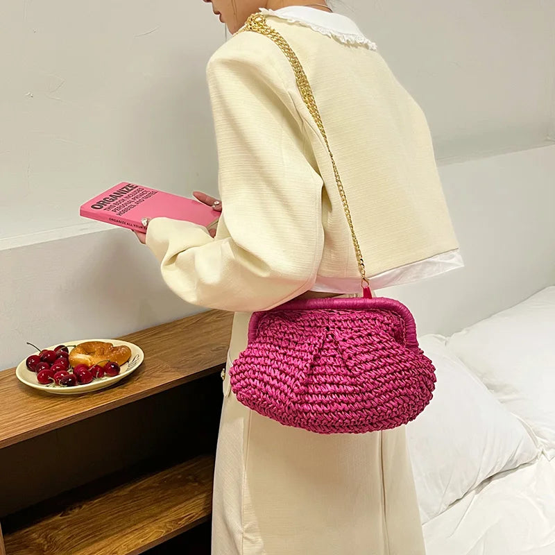 eybag Summer Fashion Women All-match Clutch Sense Of Straw Weave Wallet Bags Ladies Chain Shoulder Bags Hot Pink Crossbody Bags