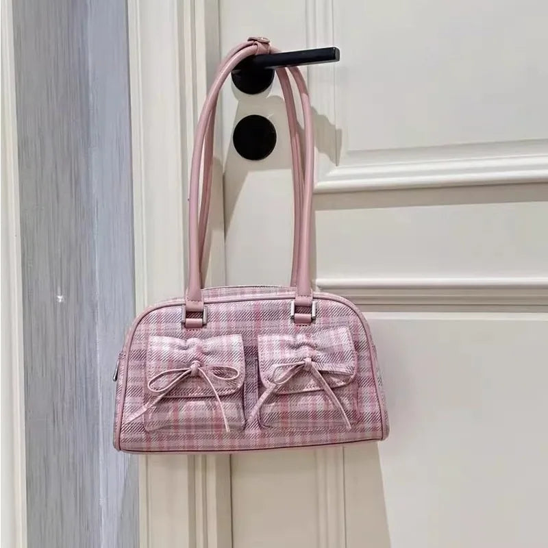 eybag Pink Elegant Womens Shoulder Bag Plaid Bow Vintage Leather Cute Leather Handbag Casual Sweet Bow Exquisite New Armpit Bag