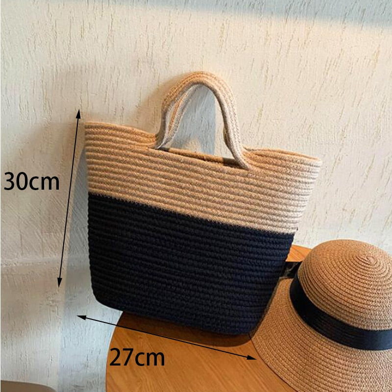 eybag Summer Woven Straw Handbag Women Contrast Color Cotton Rope Beach Bag Travel Large Capacity Tote Shopping Handle Bags