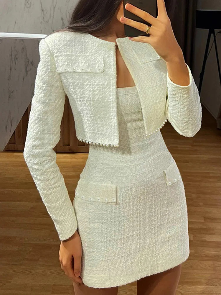 eybag Pearl Dress Sets Women Autumn Long Sleeve Coat And Mini Dress Two Piece Sets Femme Sexy Strapless Dress Matching Sets