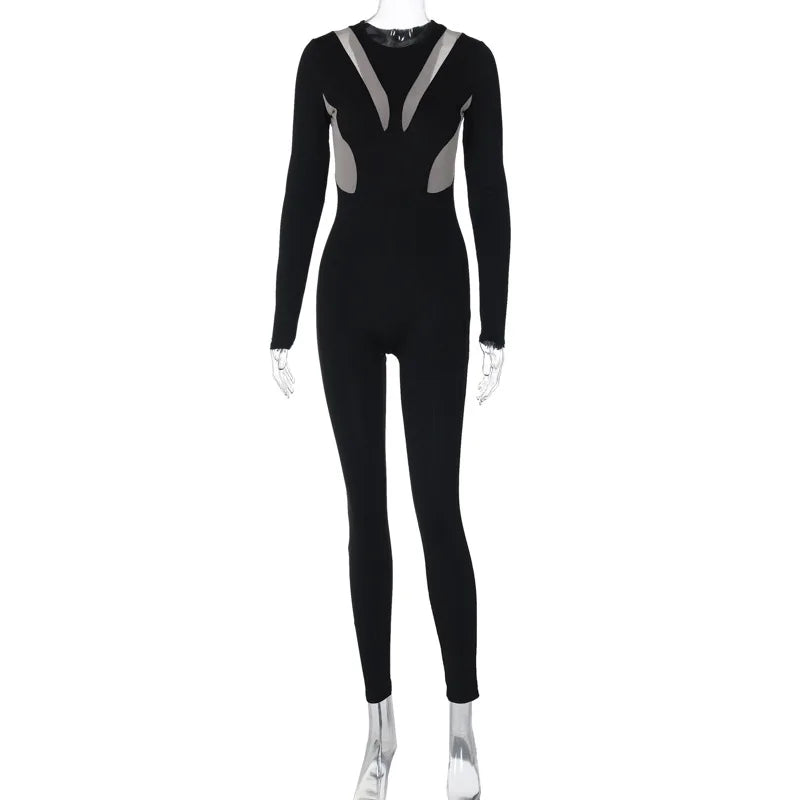 eybag Elegant Long Sleeve Sexy Jumpsuits Women Overalls Fashion O Neck Mesh Patchwork Zipper Skinny Long Jumpsuits New