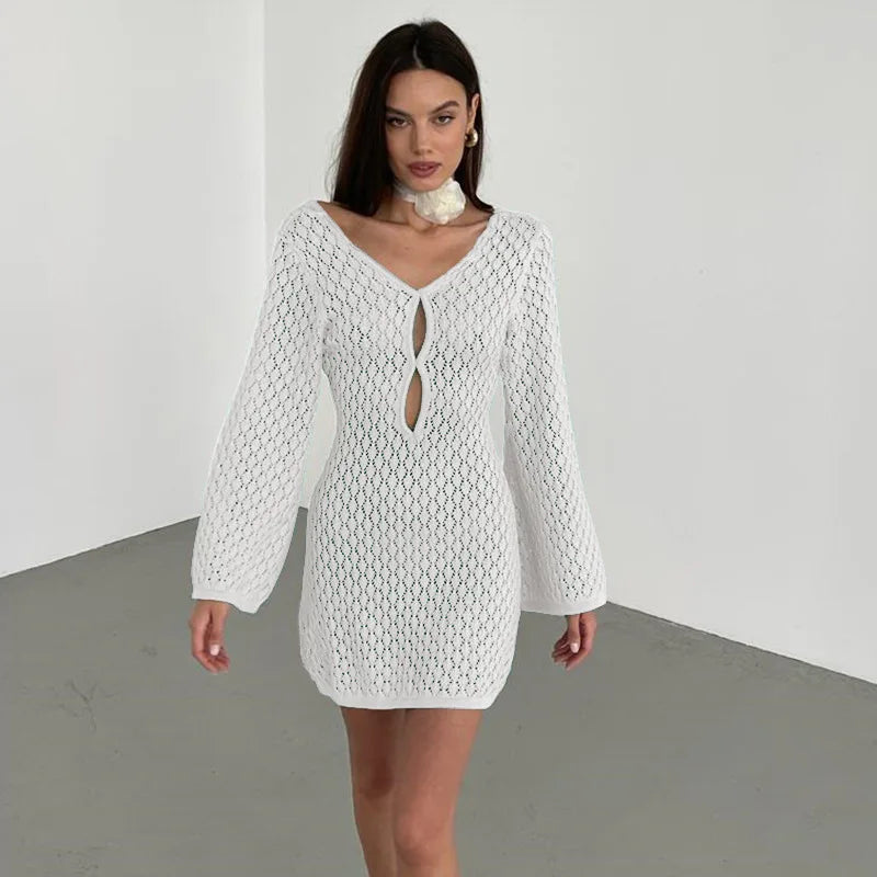 eybag Beige Knitted Hollow Out Mini Dress Women Long Sleeve Backless Slim Summer Beach Dress Female Fashion Sexy Cover-Ups 2024