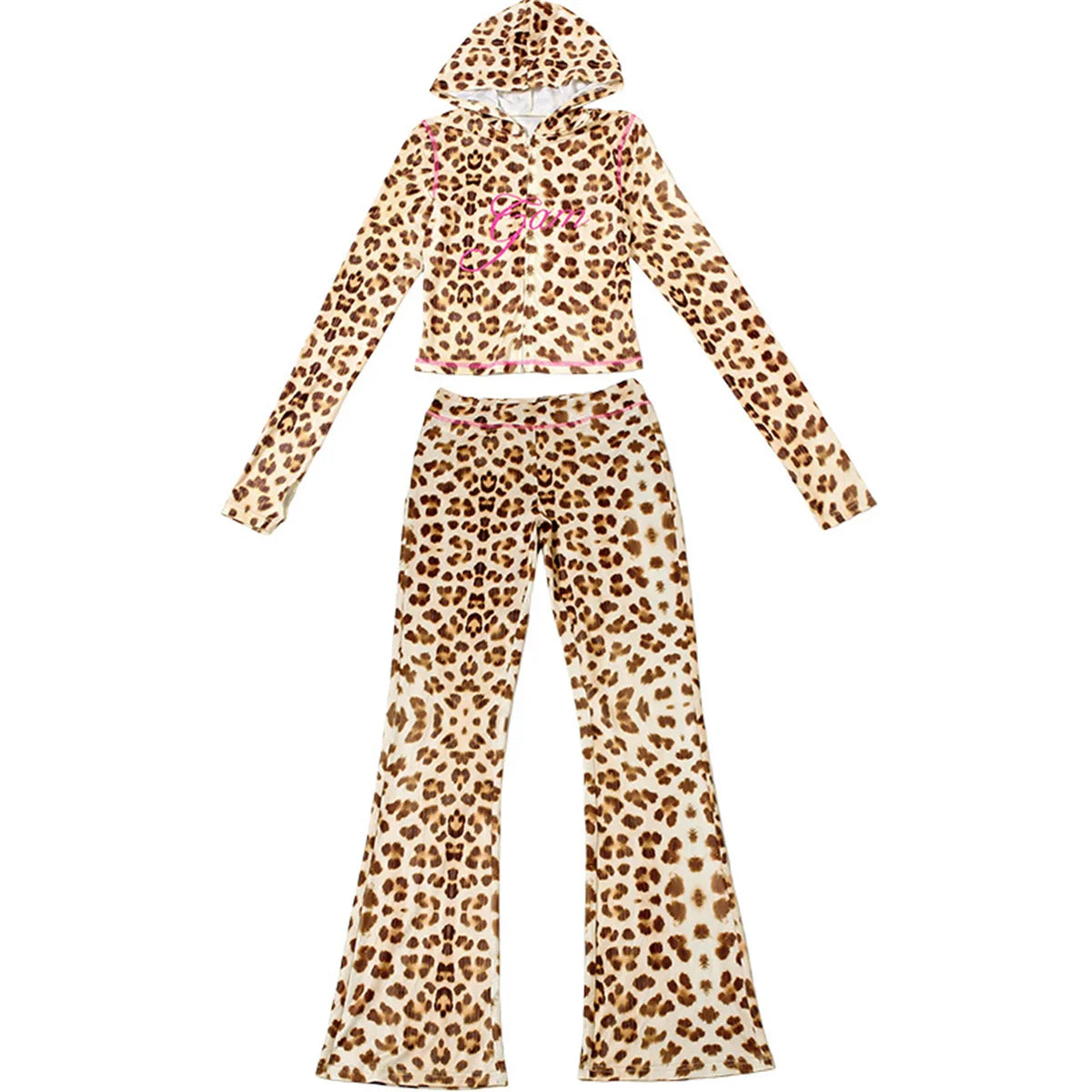 eybag Leopard Print Two Piece Set For Women Hooded Cardigan Top High Waisted Pants Sets Women Slim Sexy Outfit Suit Casual High Street