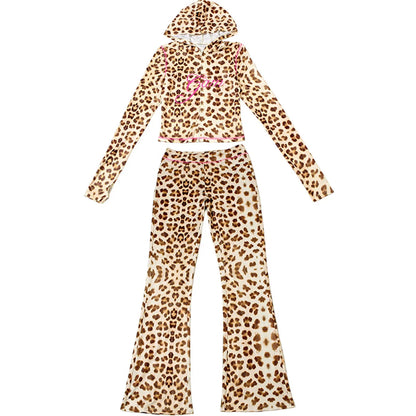 eybag Leopard Print Two Piece Set For Women Hooded Cardigan Top High Waisted Pants Sets Women Slim Sexy Outfit Suit Casual High Street