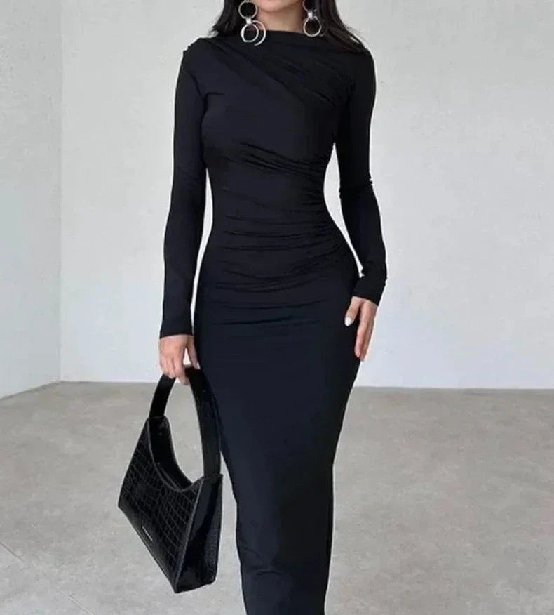 eybag 2024 Autumn Women's O-neck High Waist Folds Long Dress Streetwear Winter Office Lady Solid Tunics Bodycon Evening Party Dresses