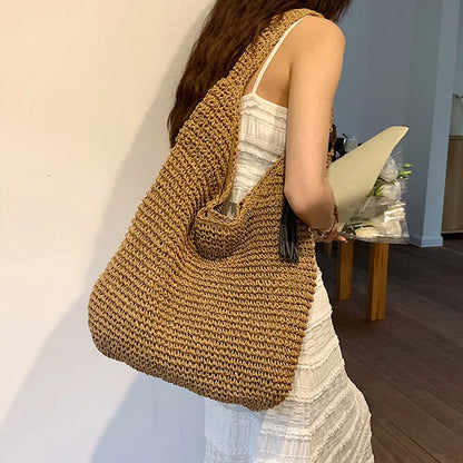 Lkblock Large Capacity 2024 Summer Straw Woven Tote Bag with Fringe Embellished Woven Women's Shoulder Bucket Bag