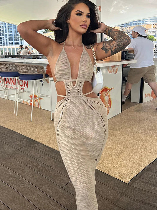 eybag Knitted Lace Up Halter Midi Dress Women Bodycon Sexy Streetwear Party Club Outfits Beach Crochet Long Dress Fall Winter