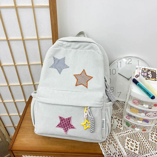 eybag Solid Star Twist Zipper Large Capacity Corduroy School Bag Classics Simple Backpack 2024 Hot Sale Light Bags for Girls and Boys