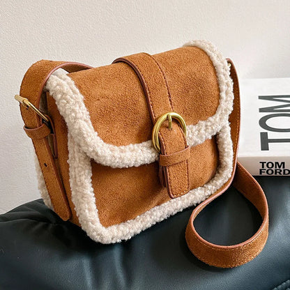 eybag Brand Designer Suede and Faux Fur Patchwork Women's Shoulder Bag Retro Lock Crossbody Bag Small Flap Handbag