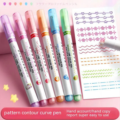 eybag 6Pcs Flower Line Shaped Highlighter Pens, Roller Tip, Curve Liner Marker, Writing, Journaling, Drawing Stationery, Kawaii