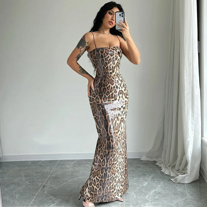 eybag Sequined Leopard Print Strap Straight Elegant Evening Long Dress Summer Casual Party Ladies Clothes Y2K Streetwear