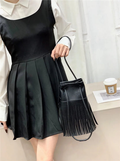 eybag Fashion Tassels Women Crossbody Bags Small Bucket Shoulder Bag for Ladies Handbg Soft PU Leather Femal Phones Messenger Bag