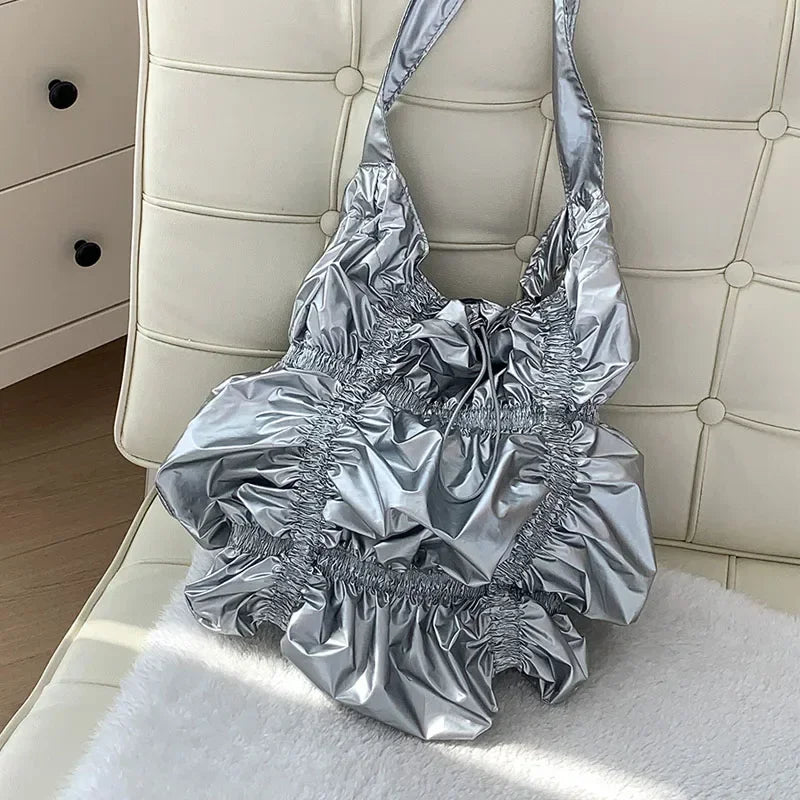 eybag Luxury Design Ruched Women's Shoulder Bag Glossy Soft Leather Drawstring Large Messenger Pack Korean Fashion Crossbody Bags