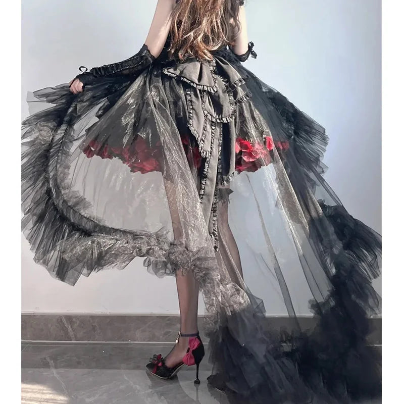 eybag Sweet Gothic Lolita Asymmetrical Mesh Extension Long Skirt Women Vintage Elegant Ruffle Cake Lace Party Event Skirt