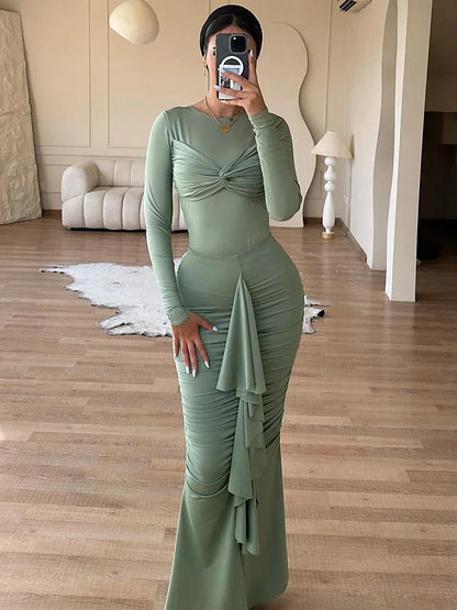 eybag Long Sleeve Draped Sexy Maxi Dress For Women Gown Autumn Winter New O Neck Ruched Bodycon Sexy Long Dress Elegant