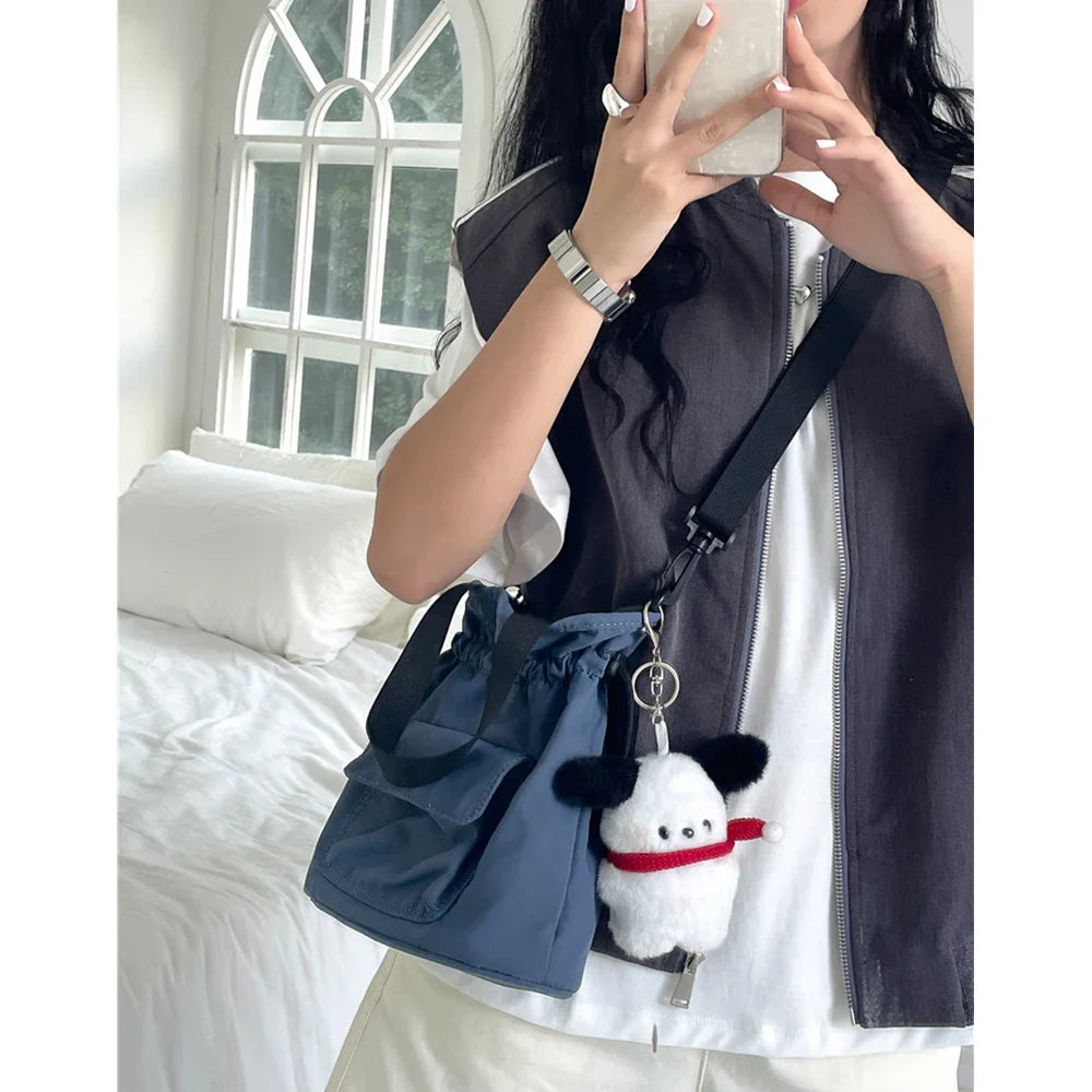 eybag Casual Ruched Drawstring Bags for Women Designer Handbag Mini Nylon Bucket Bag Korean Style Shoulder Crossbody Bag Phone Purses